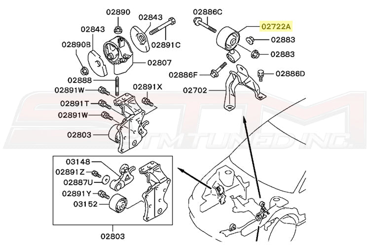 Mitsubishi OEM Rear Engine Mount Roll Stopper for Evo 8/9 Part number 1092A018 Image © STM Tuned Inc.