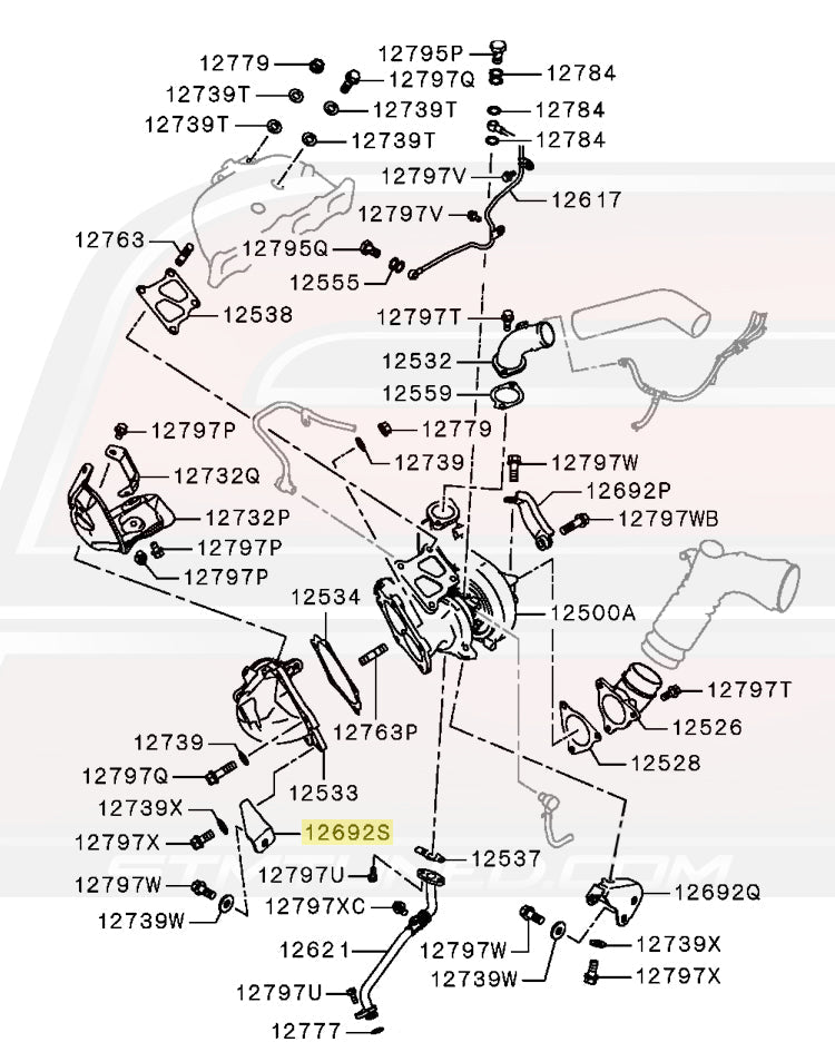 Mitsubishi OEM Turbo O2 Housing Bracket for Evo X Diagram (1555A320)  Image © STM Tuned Inc