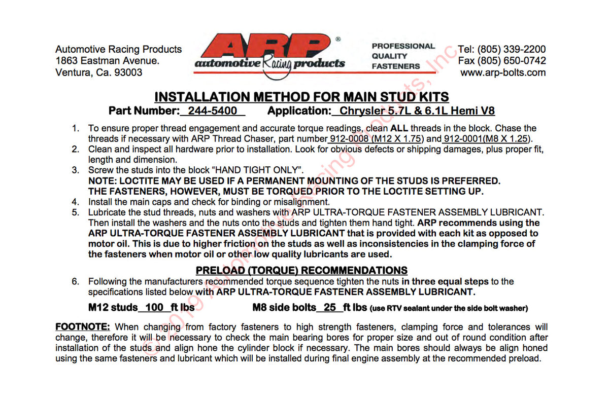 ARP Main Studs for 6.2L Hemi Hellcat TRX Trackhawk (244-5400)