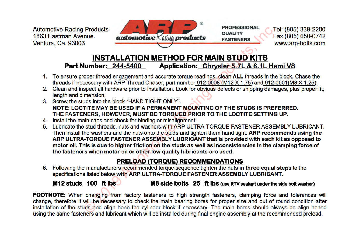 ARP Main Studs for 6.2L Hemi Hellcat TRX Trackhawk (244-5400)