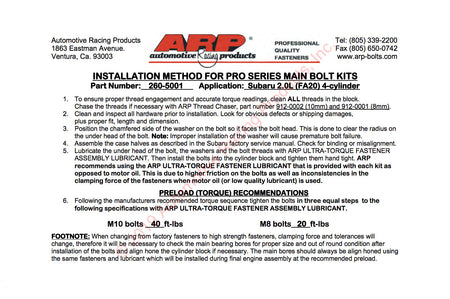 ARP Main Stud Bolt Kit for FA20 WRX/BRZ (260-5001)