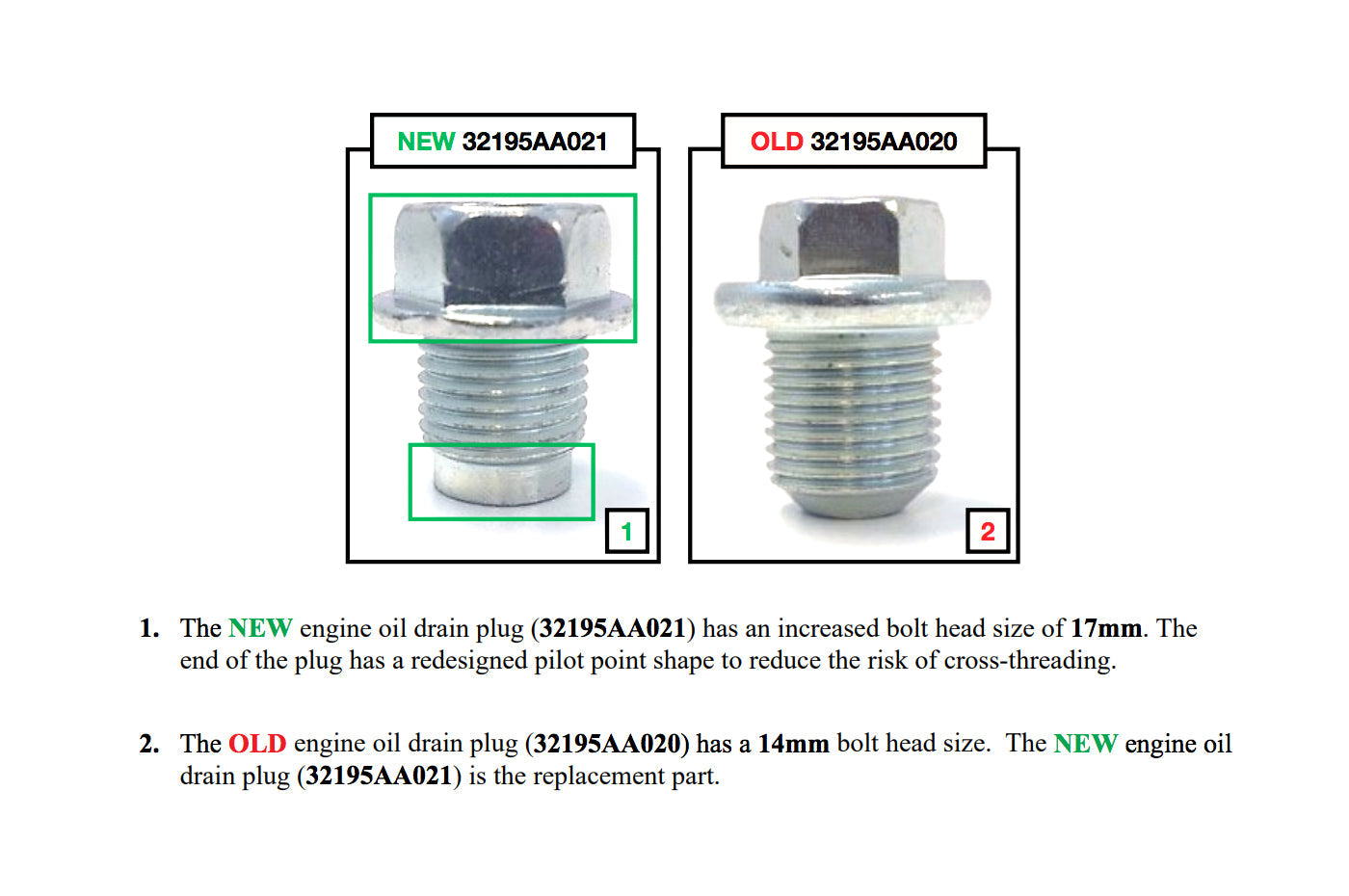 Subaru OEM Engine Oil Pan Drain Plug for 2015-2022+ WRX (32195AA021)