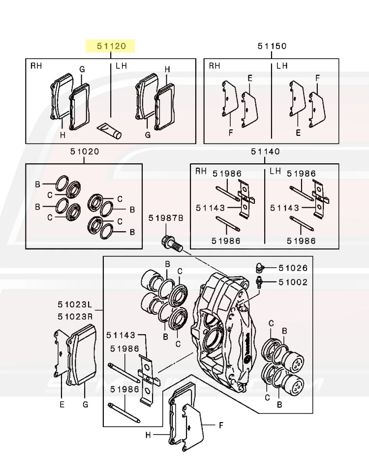 4605A572 OEM Evo X Front Brembo Brake Pads Diagram