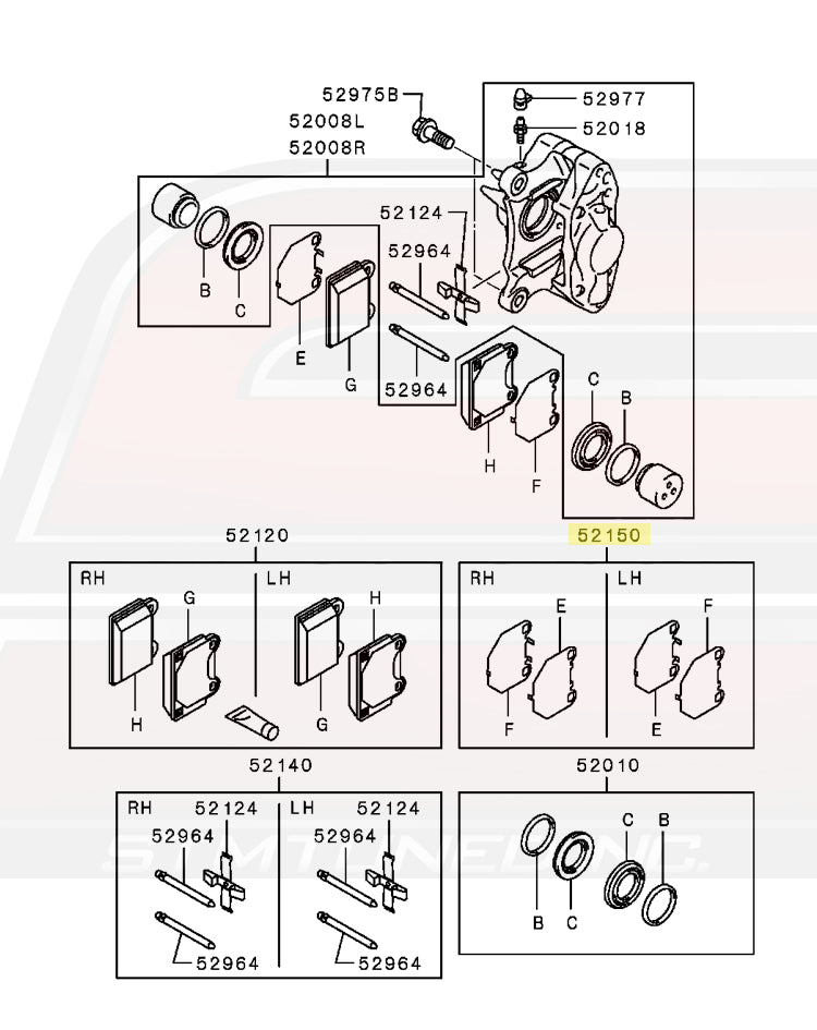 Mitsubishi OEM Rear Caliper and Brake Pad Diagram for Evo X Image © STM Tuned Inc