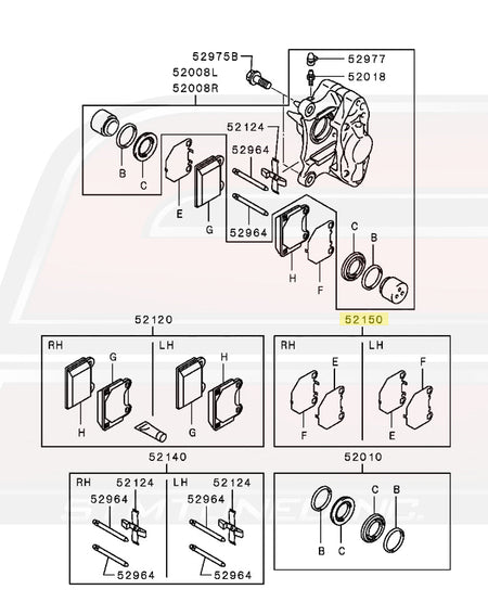 Mitsubishi OEM Rear Caliper and Brake Pad Diagram for Evo X Image © STM Tuned Inc