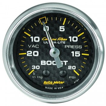 Boost/Vacuum: -30 to 20 PSI - Carbon Fiber Mechanical Gauge (2 5/8")