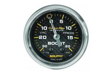 Boost/Vacuum: -30 to 20 PSI - Carbon Fiber Mechanical Gauge (2 5/8") 