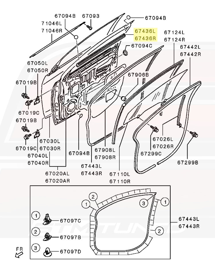 5706A339 OEM Evo X Front Door Window Belt Weather Strip Diagram