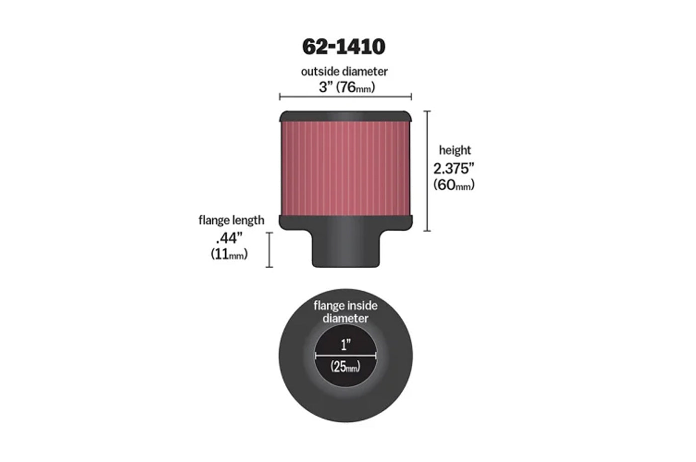 K&N Breather Filter with 1 inch Rubber Flange (62-1410)