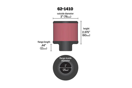 K&N Breather Filter with 1 inch Rubber Flange (62-1410)
