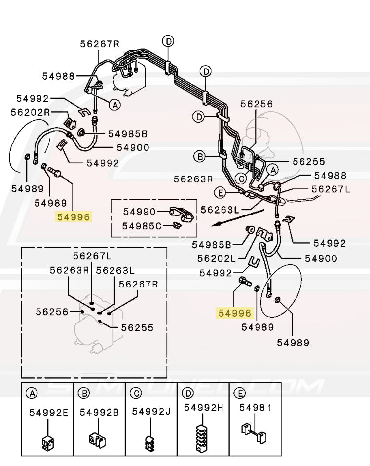 Mitsubishi OEM Front Brake Line Banjo Bolt Diagram for Evo 7/8/9 (MB082326)  Image © STM Tuned Inc