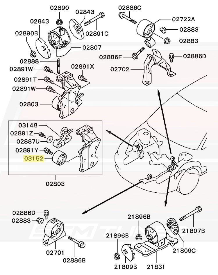 Mitsubishi OEM Idler Pulley (MD156604) Evo 8 Diagram