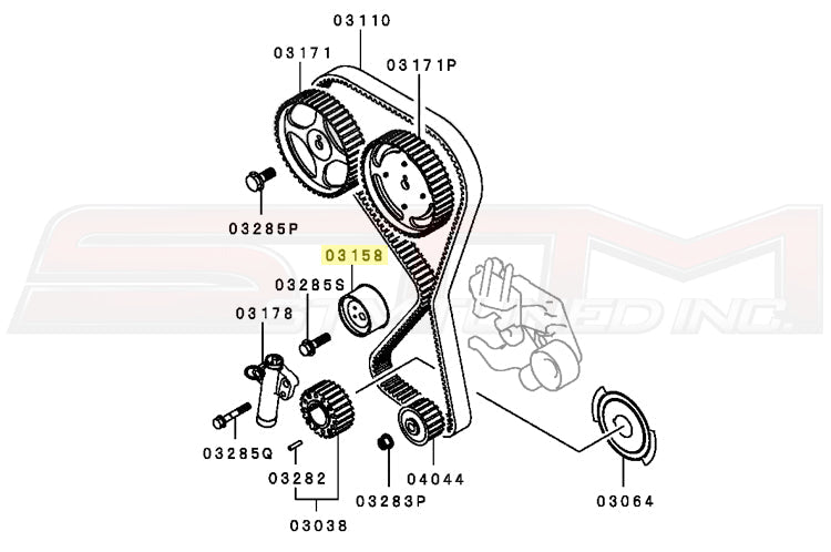 Mitsubishi OEM Timing Belt Tensioner Pulley Diagram for 2G DSM Image © STM Tuned Inc.  Part Number MD182537