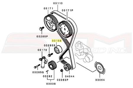 Mitsubishi OEM Timing Belt Tensioner Pulley Diagram for 2G DSM Image © STM Tuned Inc.  Part Number MD182537