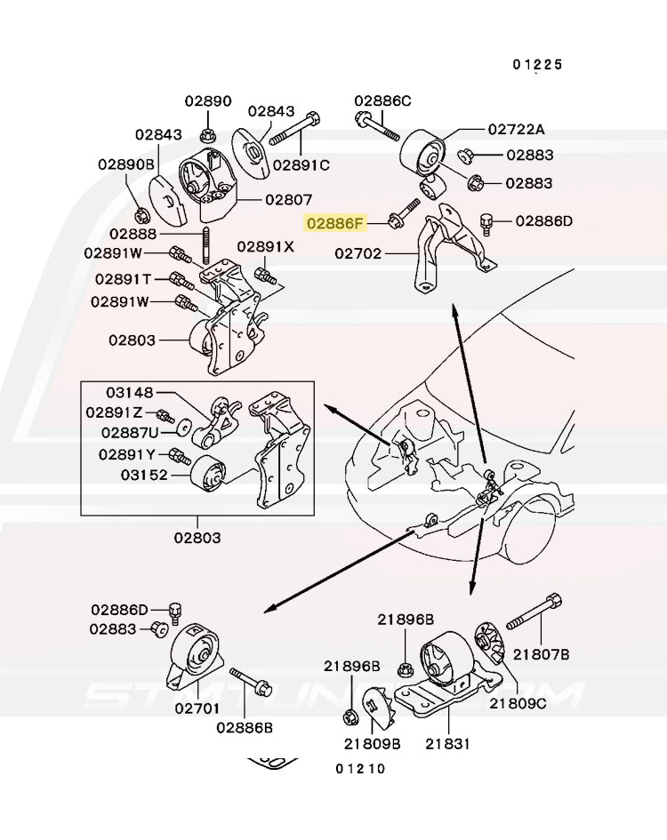 Mitsubishi OEM Evo 8/9 Rear Engine Mount Diagram  Image © STM Tuned Inc