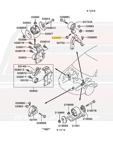 Mitsubishi OEM Evo 8/9 Rear Engine Mount Diagram  Image © STM Tuned Inc