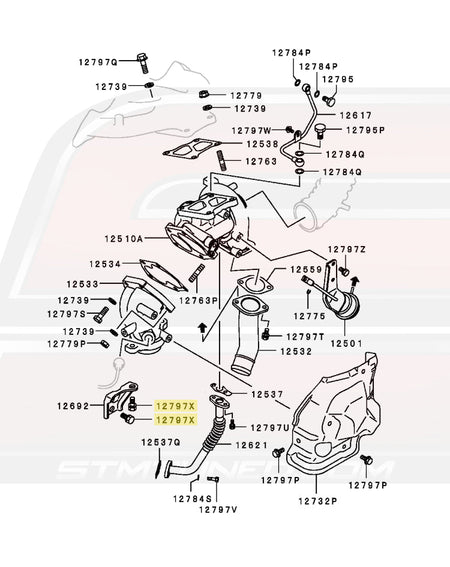 Mitsubishi OEM Turbo Support Bracket Bolt Disgram for Evo 7/8/9 (MF244879)  Image © STM Tuned Inc