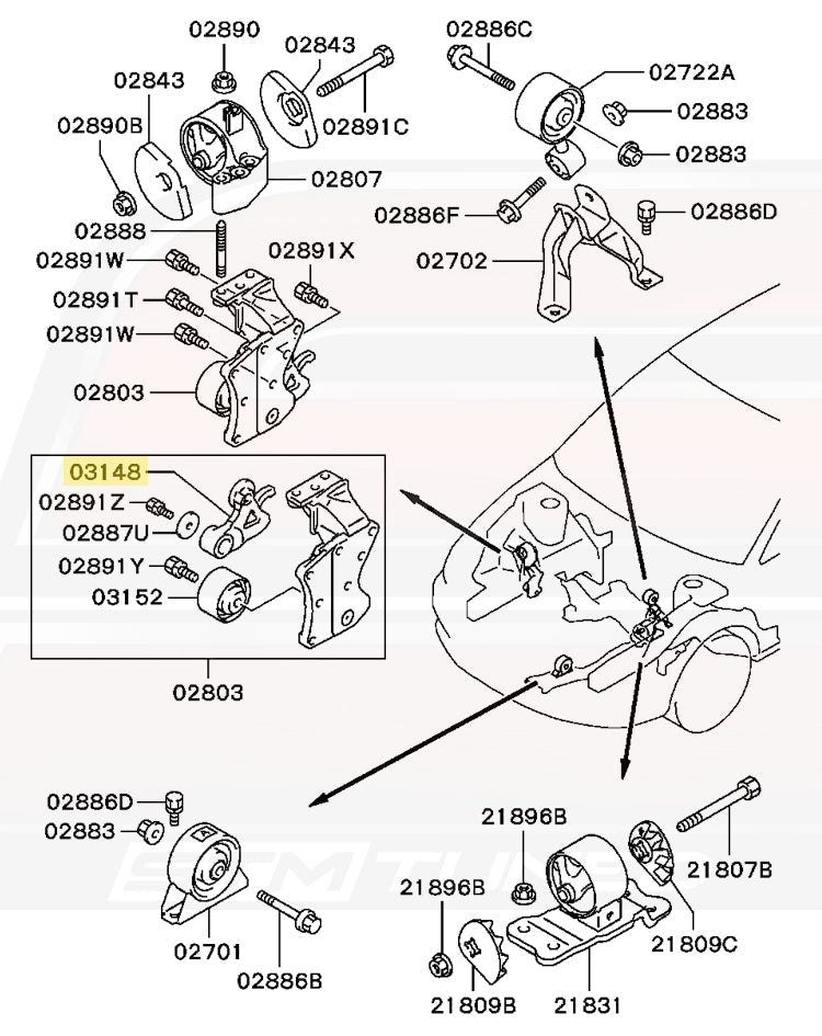 Mitsubishi OEM Timing Belt Tensioner Arm Diagram for Evo 8/9 (MN119896)