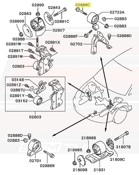 Mitsubishi OEM Rear Motor Mount Bolt Diagram for Evo 8 5-Speed (MR235604)