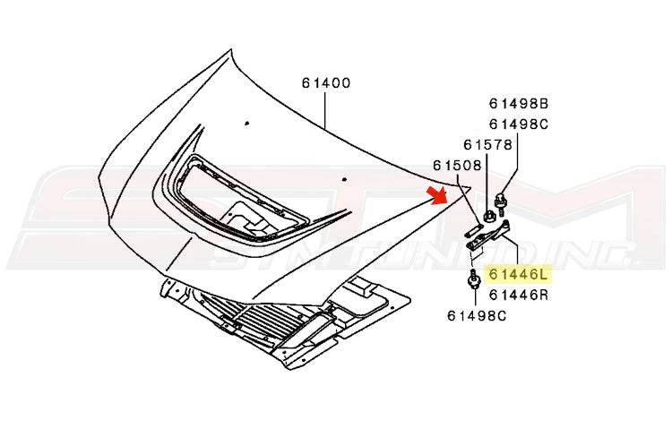OEM Mitsubishi LH Hood Hinge for Evo 7/8/9 Part Number MR487633 Image © STM Tuned Inc.