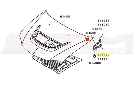 OEM Mitsubishi LH Hood Hinge for Evo 7/8/9 Part Number MR487633 Image © STM Tuned Inc.