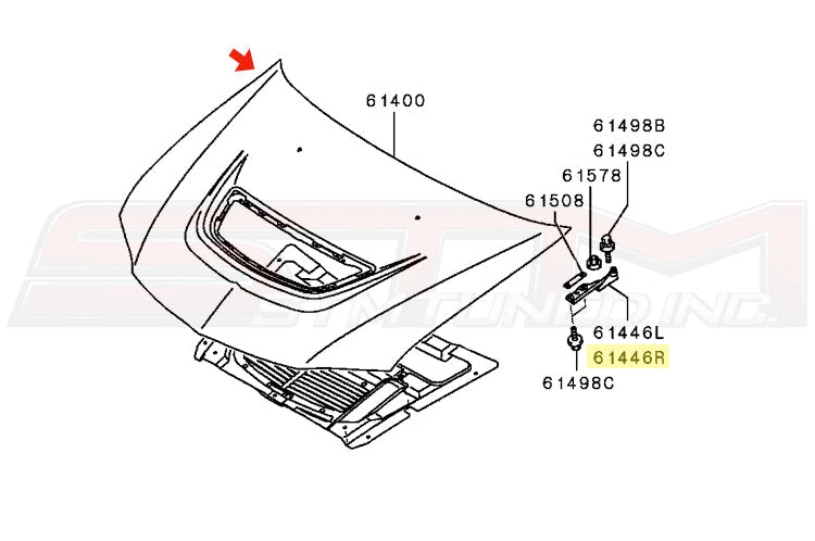 OEM Mitsubishi RH Hood Hinge for Evo 7/8/9 Part Number MR487634 Image © STM Tuned Inc.