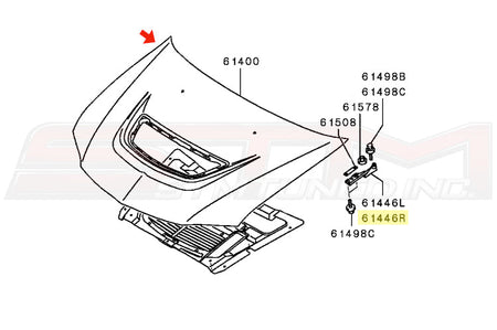 OEM Mitsubishi RH Hood Hinge for Evo 7/8/9 Part Number MR487634 Image © STM Tuned Inc.