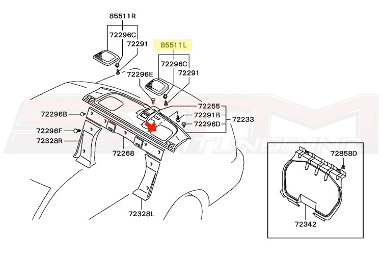 Mitsubishi OEM Rear Deck Speaker Cover Diagram (LH) for Evo 7/8/9 Image © STM Tuned Inc. Part Number MR631995