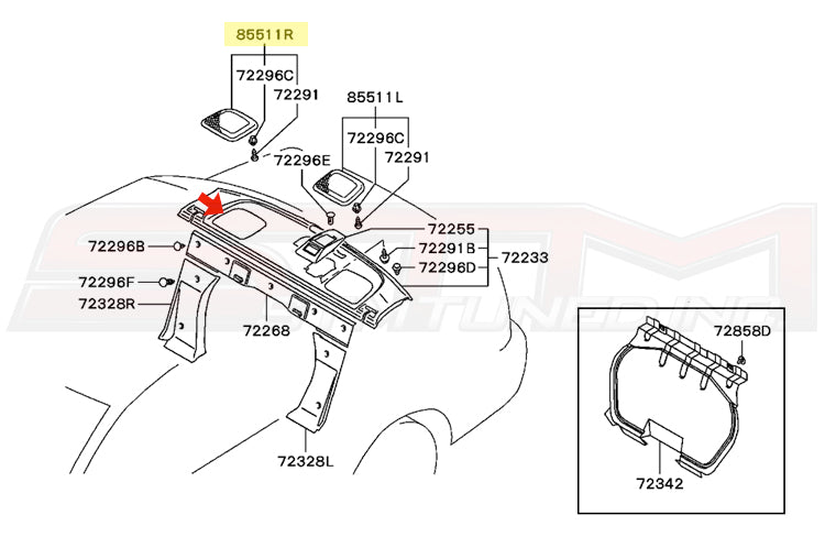 Mitsubishi OEM Rear Deck Speaker Cover Diagram (RH) for Evo 7/8/9 Image © STM Tuned Inc. Part Number MR631996