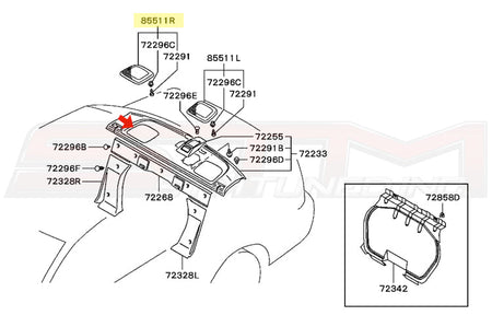 Mitsubishi OEM Rear Deck Speaker Cover Diagram (RH) for Evo 7/8/9 Image © STM Tuned Inc. Part Number MR631996