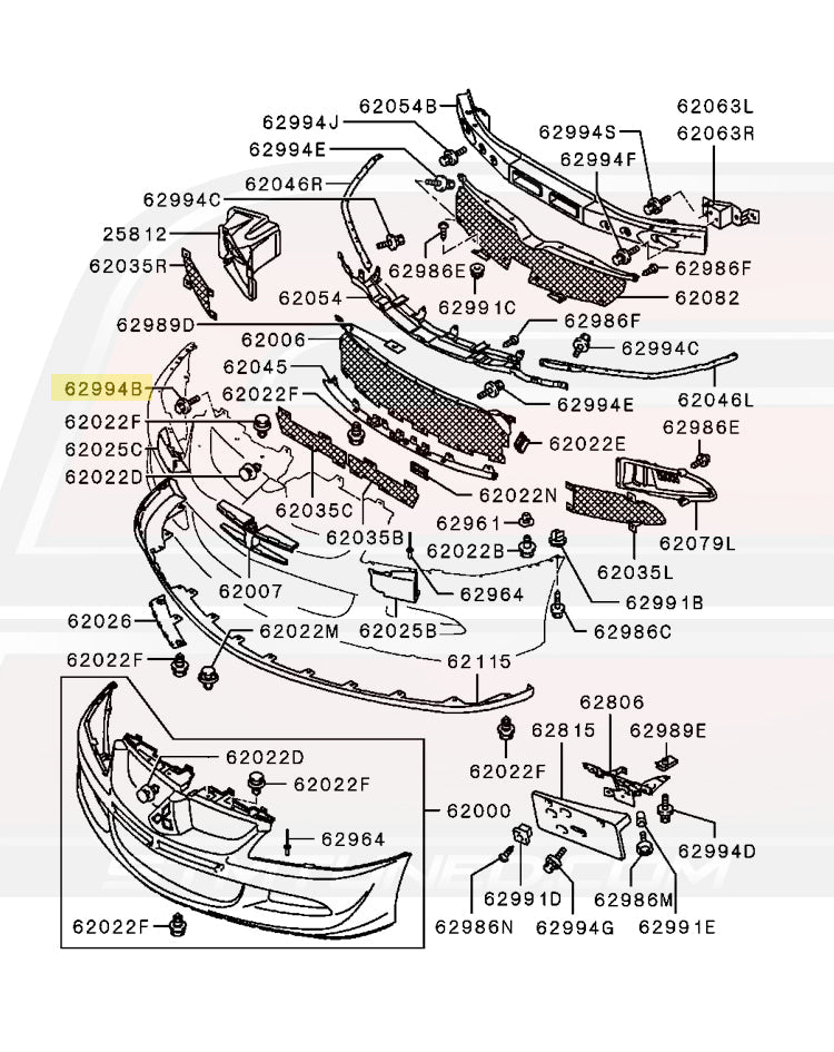 Mitsubishi OEM Front Bumper Bolt Diagram for Evo 7/8/9 (MS100242)  Image © STM Tuned Inc