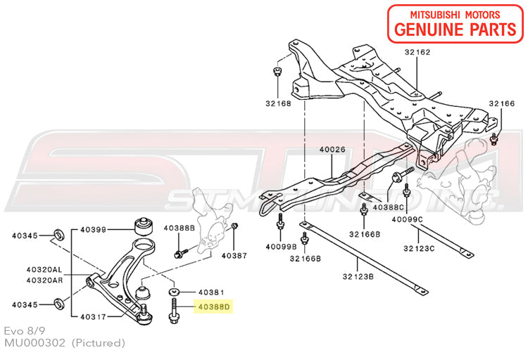 MU000302 Mitsubishi Front Suspension Lower Arm Bolt - Evo 7-9