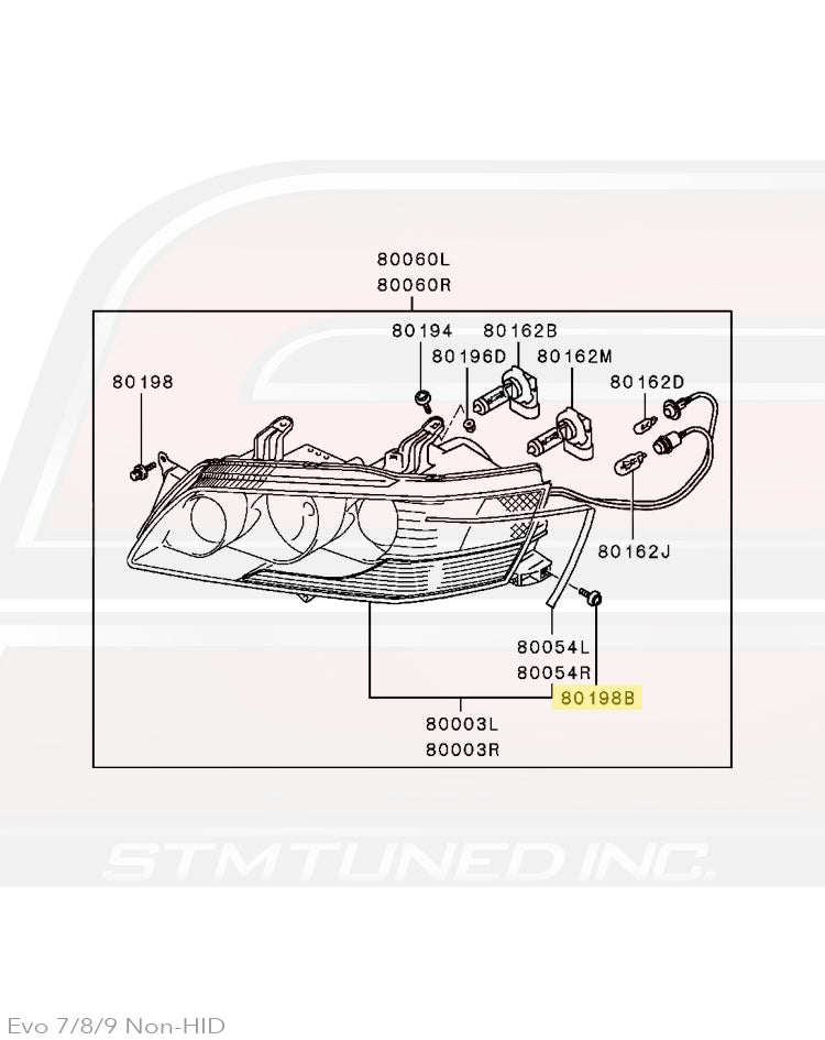 Evo 7/8/9 NON-HID Headlight Diagram © STM Tuned Inc.