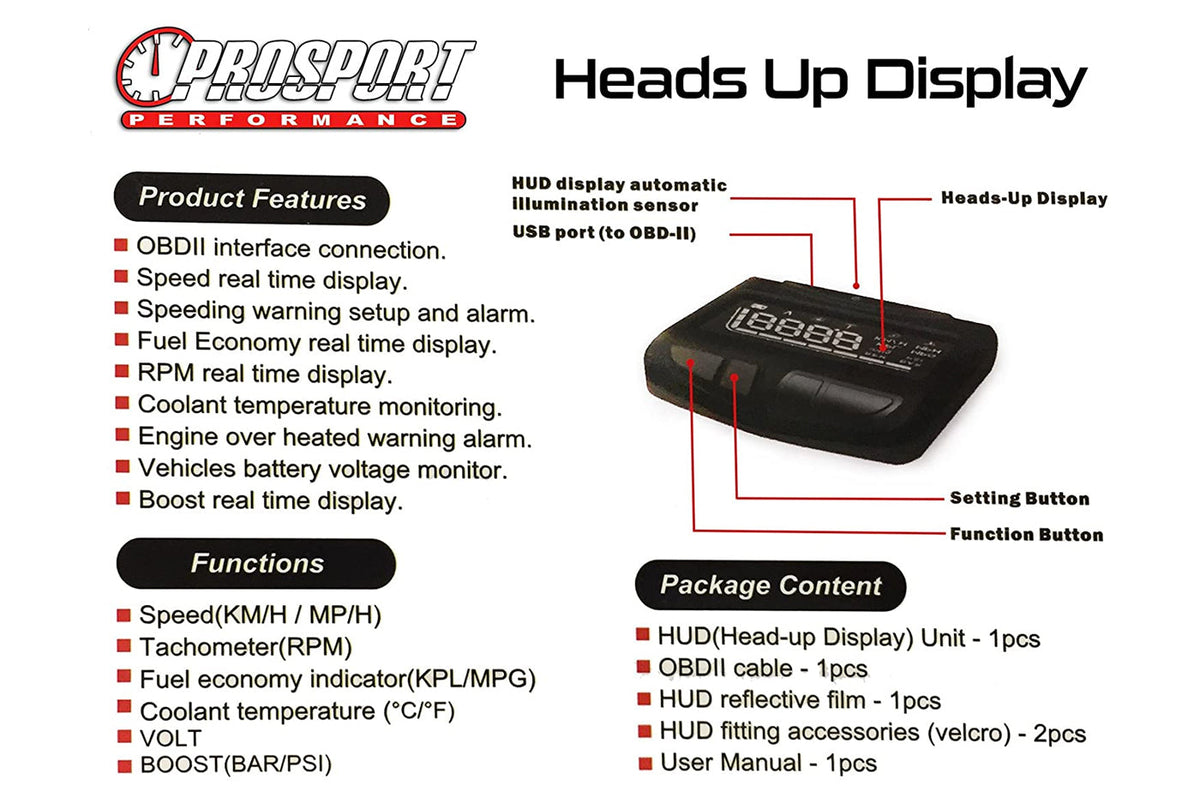 Prosport HUD Head's Up Display with Boost (PSHUDOBDII-2)