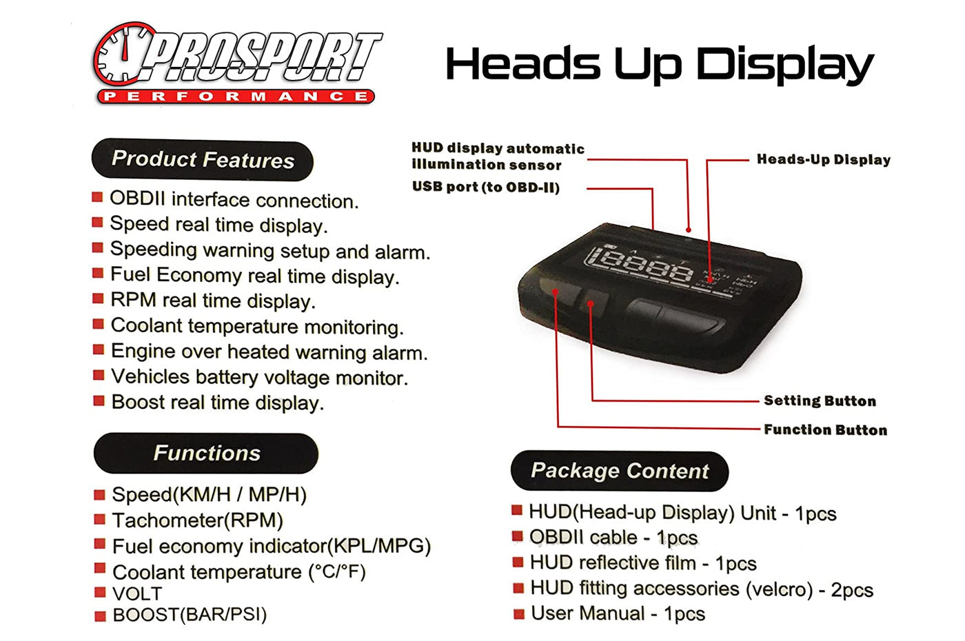 Prosport HUD Head's Up Display with Boost (PSHUDOBDII-2)