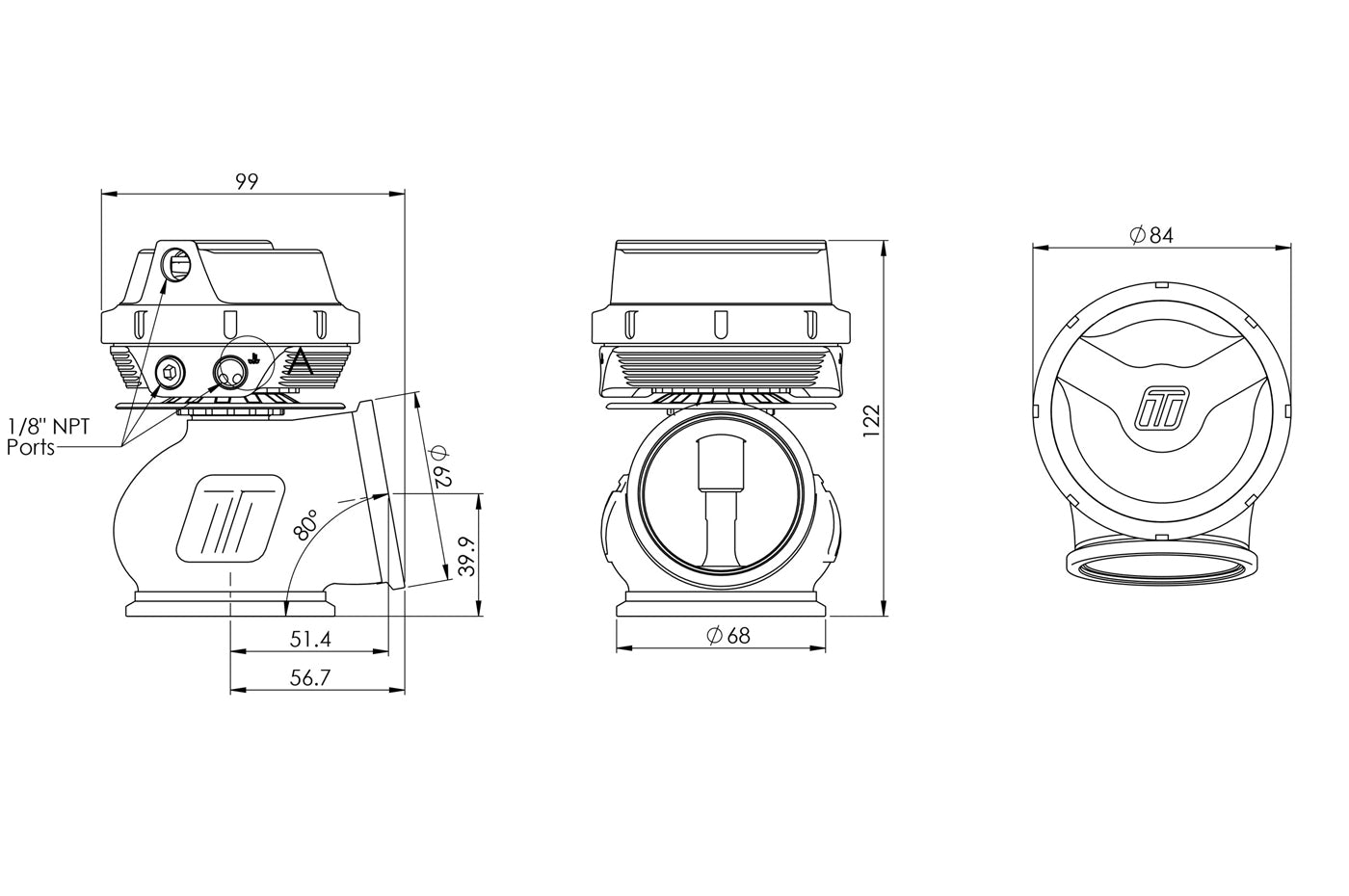 Turbosmart WG50 GenV ProGate 50mm External Wastegate Dimensions