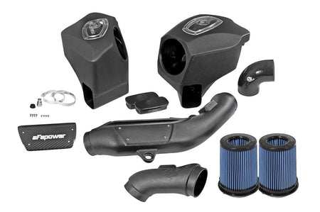aFe Momentum Cold Air Intake for BMW F80 M3, F82 M4, and F87 M2 Competition with S55 twin turbo engine. (54-76305) with blue Pro 5R filter