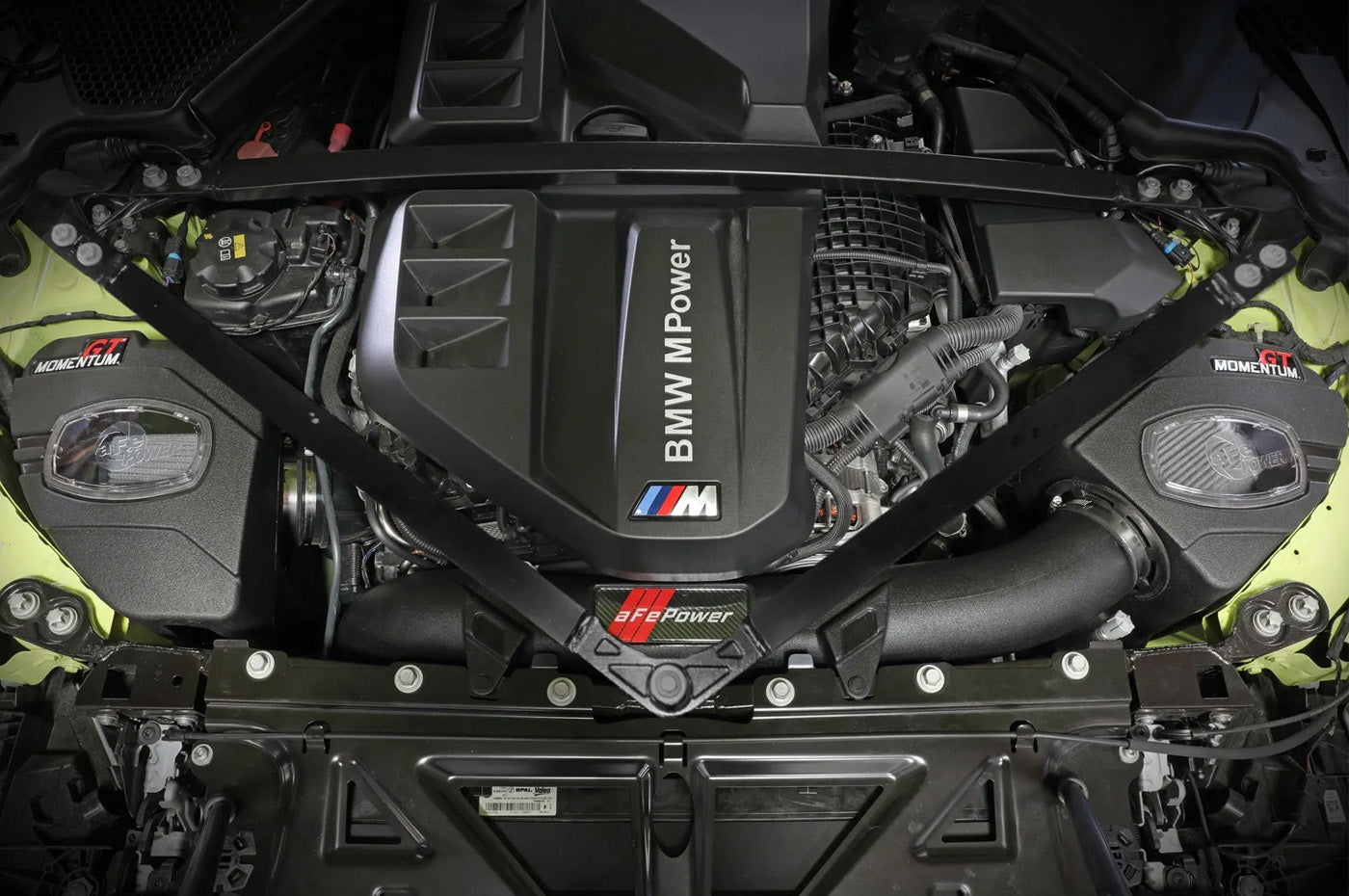 aFe Momentum GT cold air intake system for the S55 engine G80/ G82/ G83 M3 and M4 models adds HP, Torque and increases flow (50-70083D/50-70083R) installed