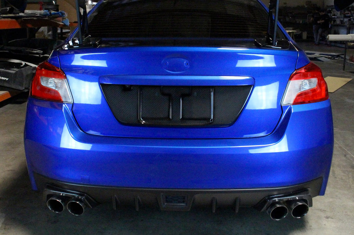 APR Carbon Fiber License Plate Frame for 2015-2021 WRX/ STi (CBX-WRXLIC15) installed 