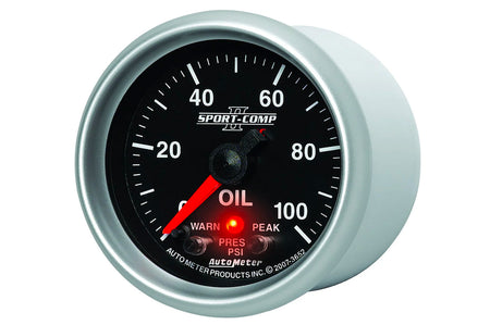 AutoMeter 52mm Sport Comp II Digital Stepper Motor with Peak & Warn Indication Light 0-100 PSI Oil Pressure Gauge (3652)
