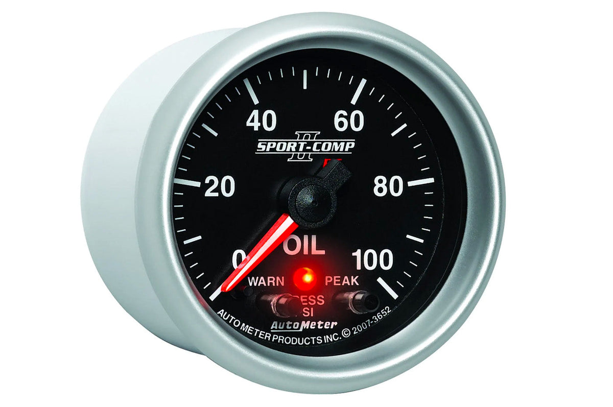 AutoMeter 52mm Sport Comp II Digital Stepper Motor with Peak & Warn Indication Light 0-100 PSI Oil Pressure Gauge (3652)