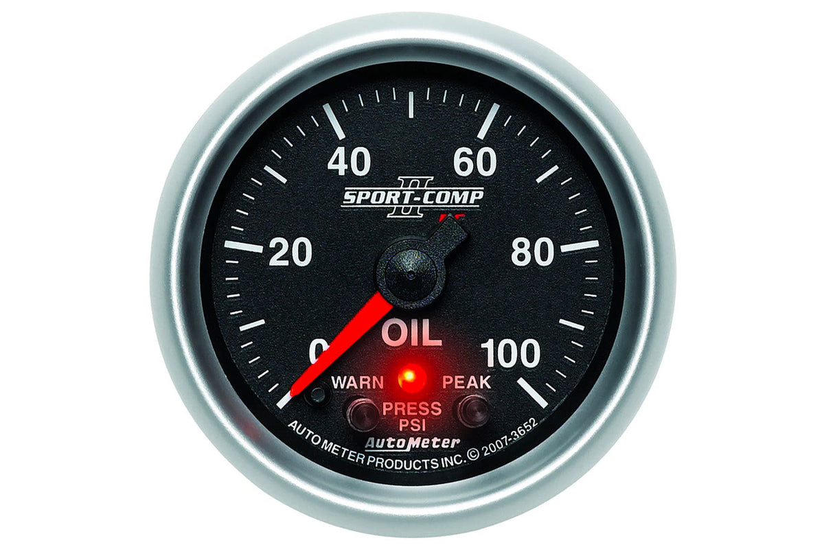 AutoMeter 52mm Sport Comp II Digital Stepper Motor with Peak & Warn Indication Light 0-100 PSI Oil Pressure Gauge (3652)