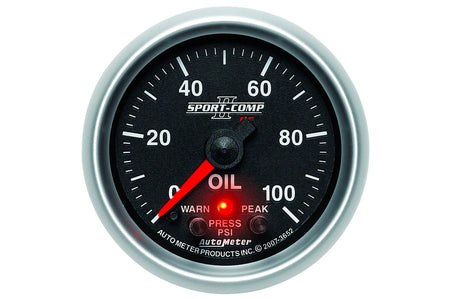 AutoMeter 52mm Sport Comp II Digital Stepper Motor with Peak & Warn Indication Light 0-100 PSI Oil Pressure Gauge (3652)