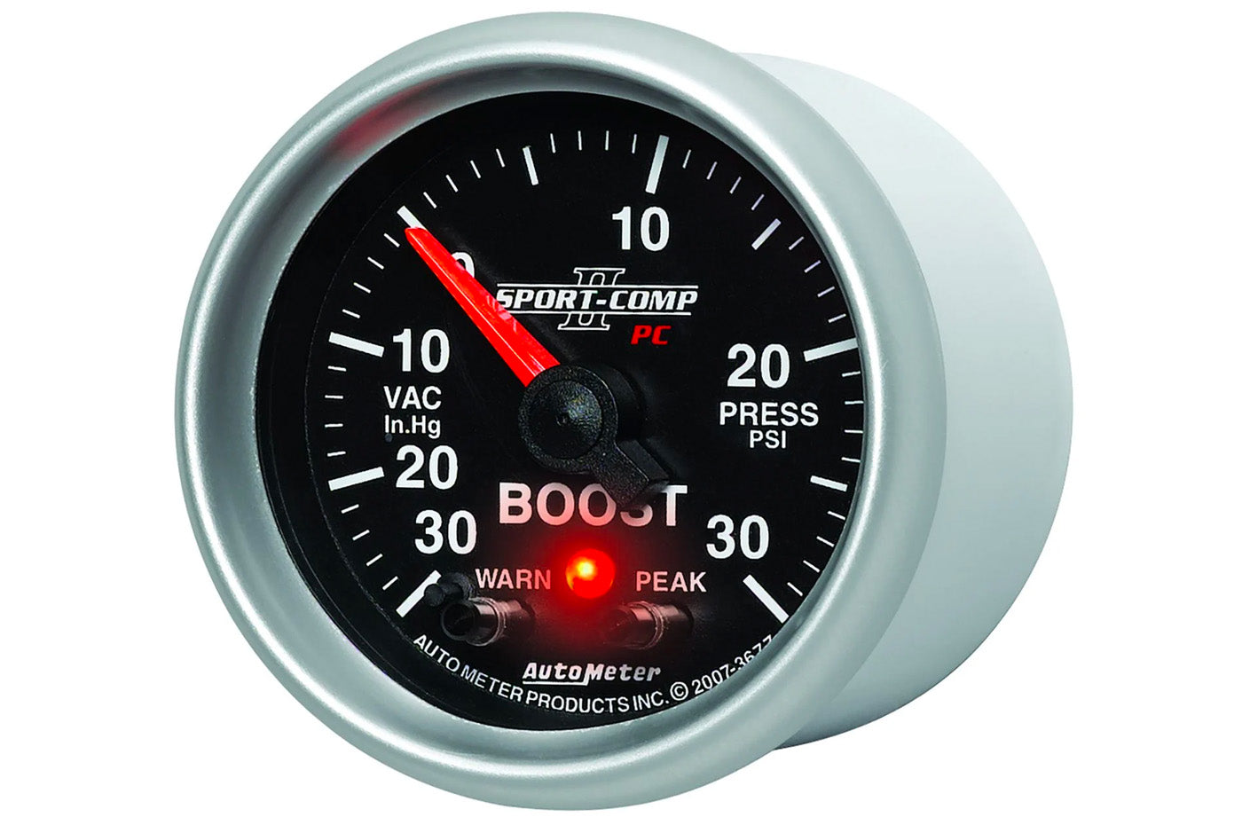 AutoMeter 52mm Sport Comp II Digital Stepper Motor with Peak & Warn Indicator Light -30 to 30 PSI Boost/ Vacuum Gauge (3677)