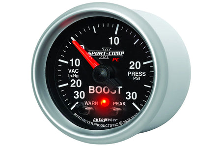 AutoMeter 52mm Sport Comp II Digital Stepper Motor with Peak & Warn Indicator Light -30 to 30 PSI Boost/ Vacuum Gauge (3677)