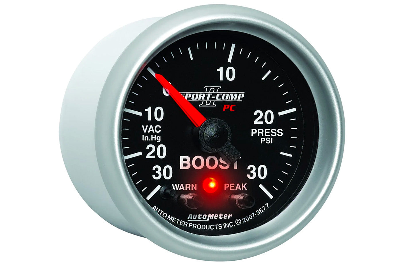 AutoMeter 52mm Sport Comp II Digital Stepper Motor with Peak & Warn Indicator Light -30 to 30 PSI Boost/ Vacuum Gauge (3677)