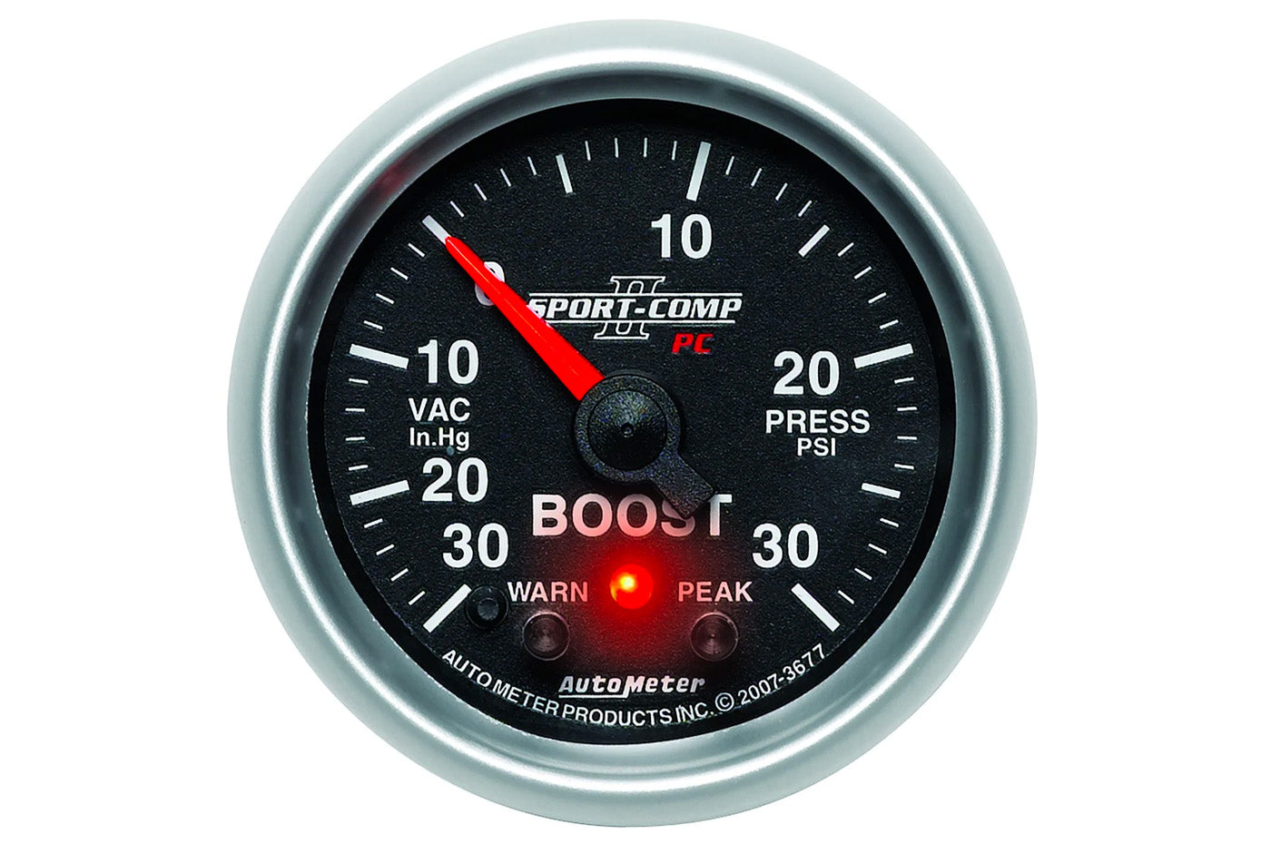 AutoMeter 52mm Sport Comp II Digital Stepper Motor with Peak & Warn Indicator Light -30 to 30 PSI Boost/ Vacuum Gauge (3677)