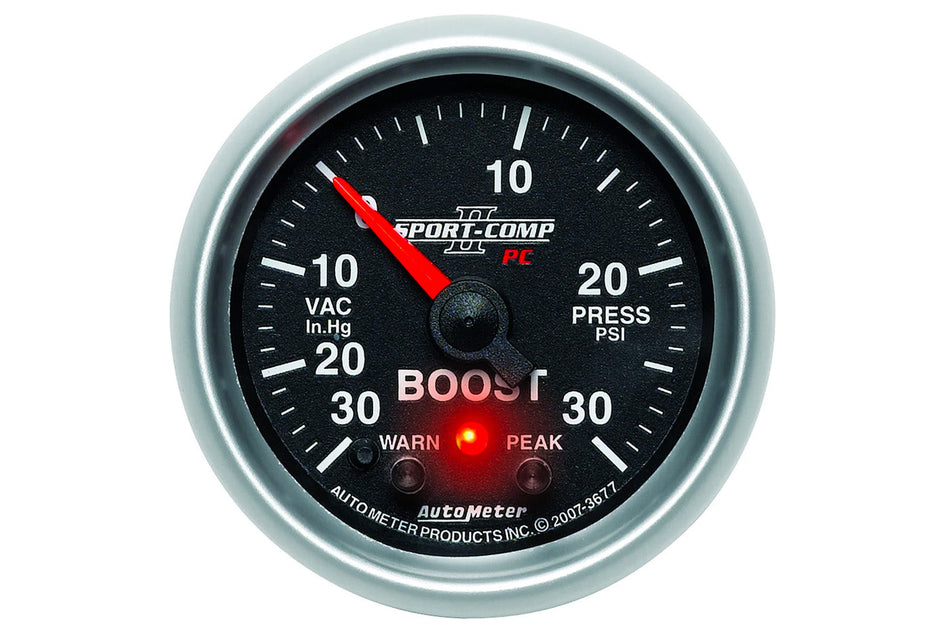 AutoMeter 52mm Sport Comp II Digital Stepper Motor with Peak & Warn Indicator Light -30 to 30 PSI Boost/ Vacuum Gauge (3677)