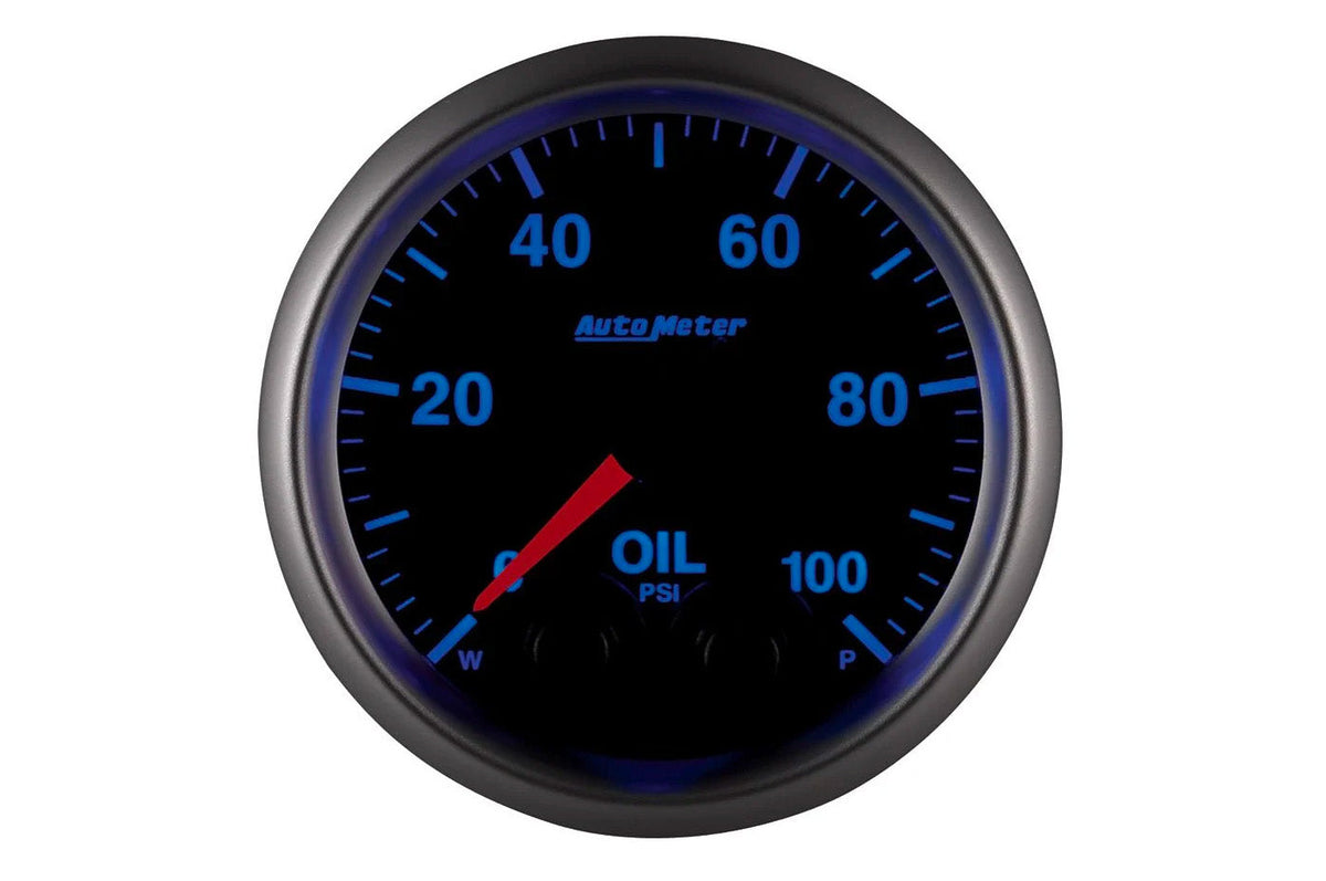 AutoMeter 52mm Elite Digital Stepper Motor 0-100 PSI Oil Pressure Gauge (5652) 7 color options to select. Displaying blue illumination.