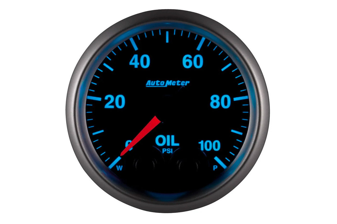 AutoMeter 52mm Elite Digital Stepper Motor 0-100 PSI Oil Pressure Gauge (5652) 7 color options to select. Displaying cyan illumination.